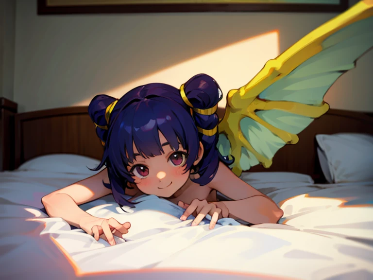 nude, li, wings, smiling, lying down, on bed, waving