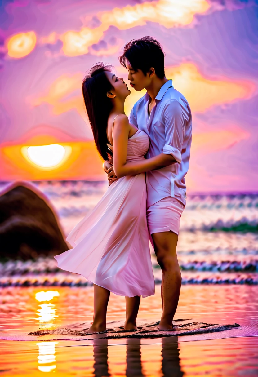 Two erotic beautiful Asian girls having sex::making love::groping::kissing:: on the beach as waves splash over them at sunset