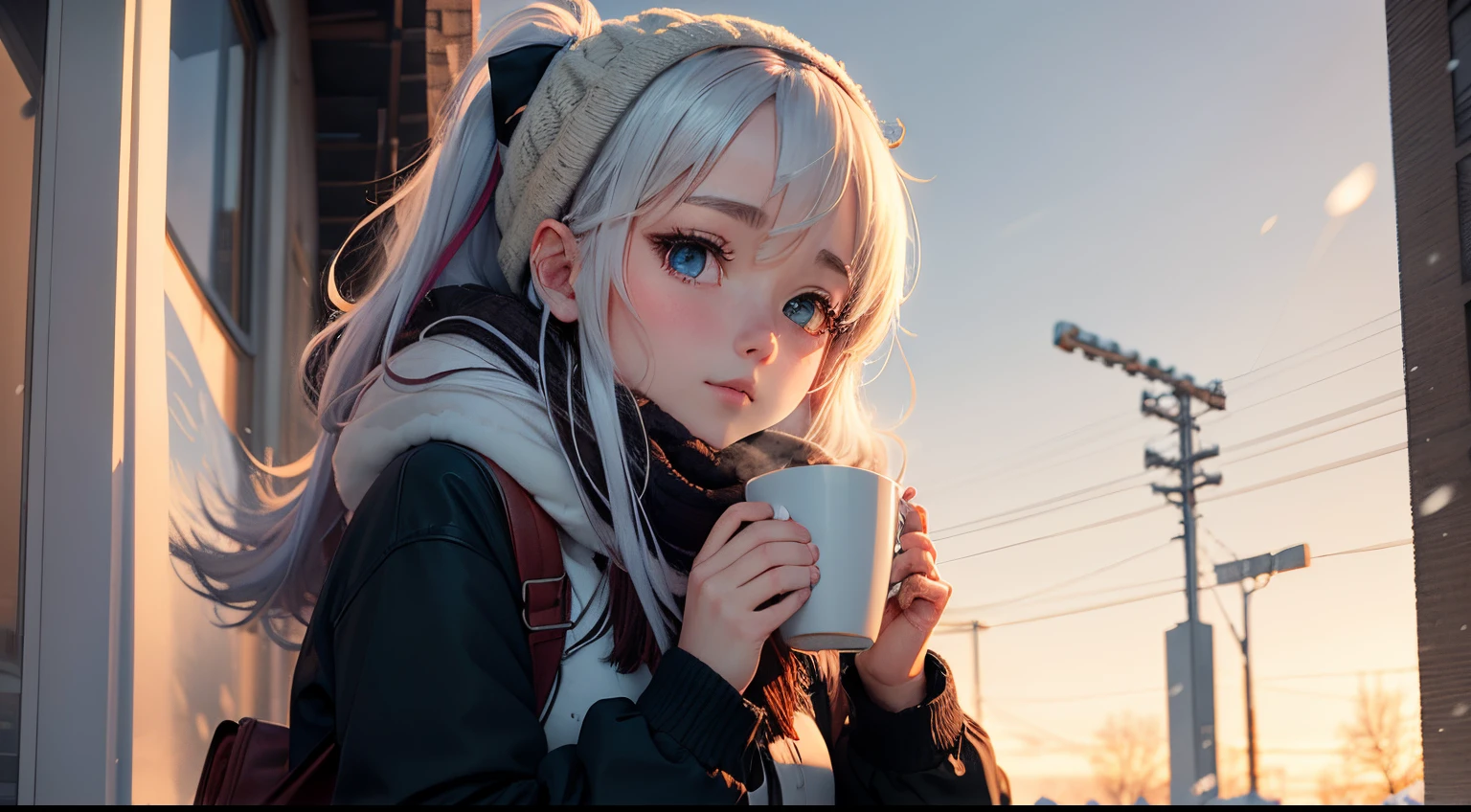 Anime girl, winter Berlin, snow, and a cup of coffee windblown leaves against a gradient sky of calming colors.