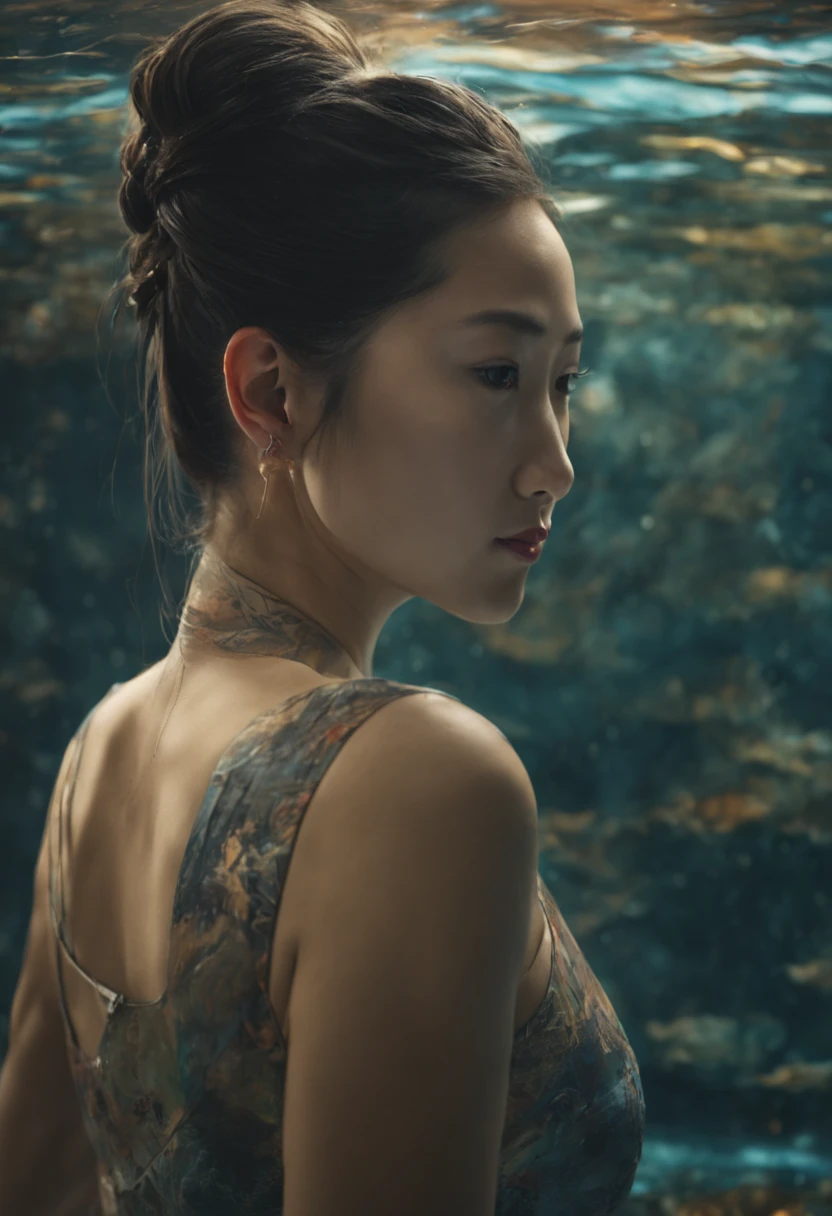 beautiful asian woman, nervous smile, braided ponytail, from behind, caustics, Genre painting, cinematic lighting, partially underwater shot, Dadaism, UHD, anatomically correct, textured skin