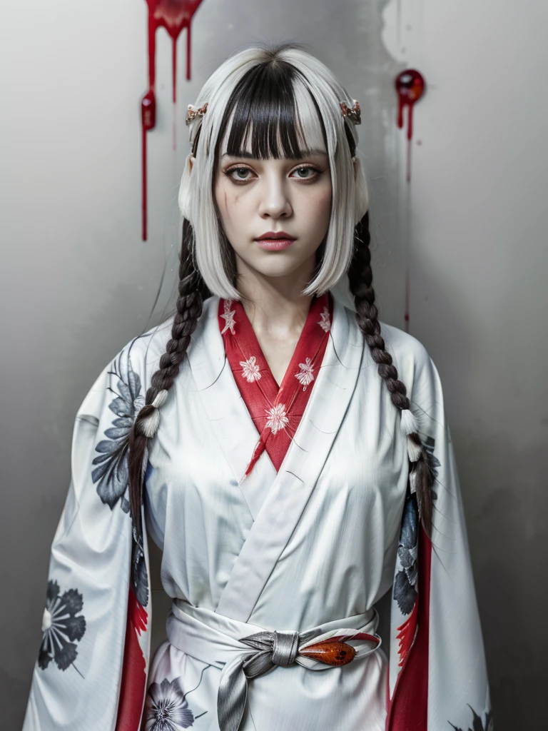 Create a realistic image of Kuchisake-onna。She has long black hair、He is wearing a white mask、Beneath it is a terrifying expression with a split mouth.。The background depicts dimly lit street corners and back alleys.、It exudes an eerie atmosphere。She is wearing a red coat、He has a big pair of scissors in his hand。Please make the image realistic and give a sense of fear overall.。