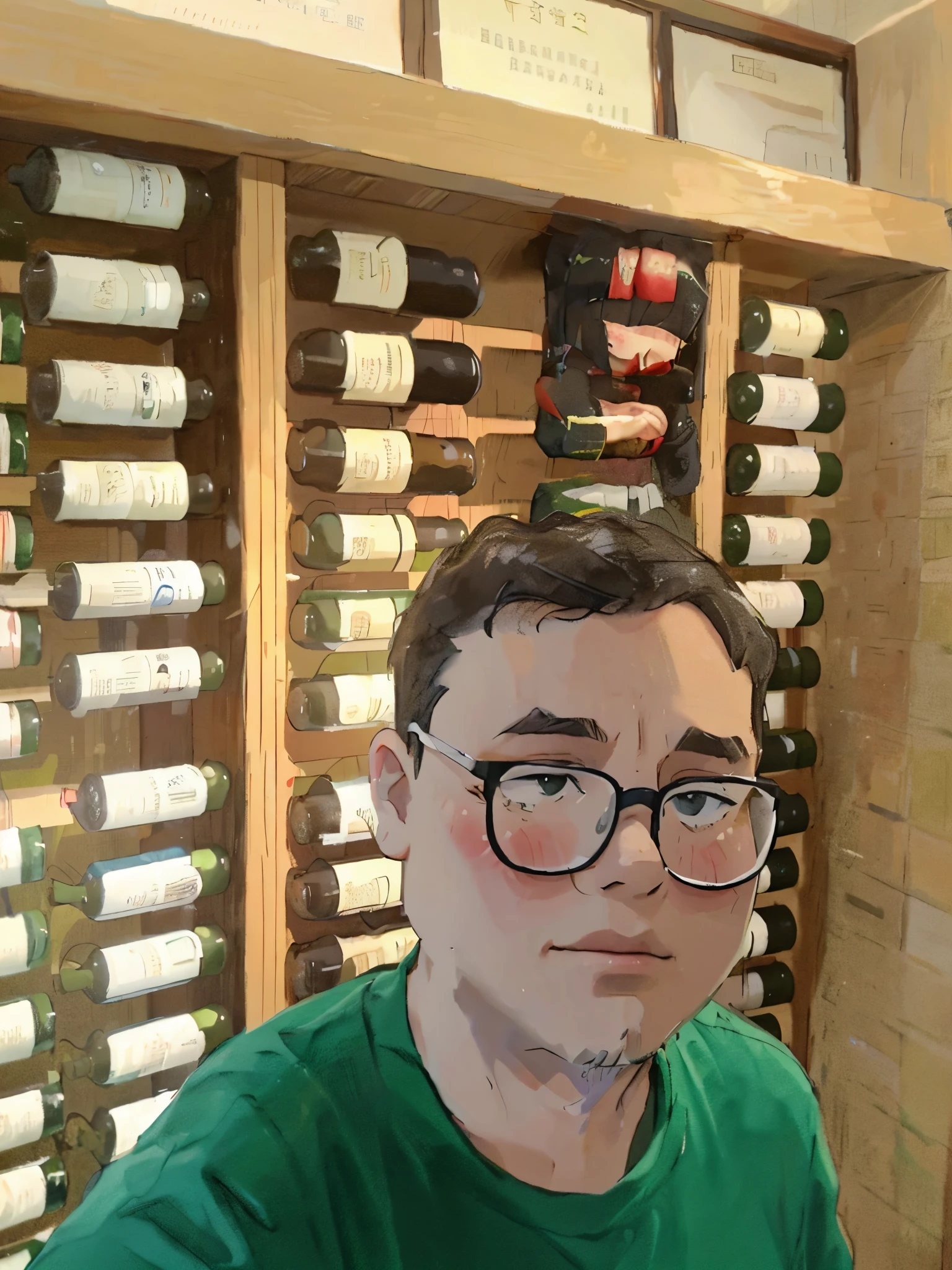 Wearing a green shirt、Man standing in front of wine rack, ars old,  User photo, chineseidol，black color hair