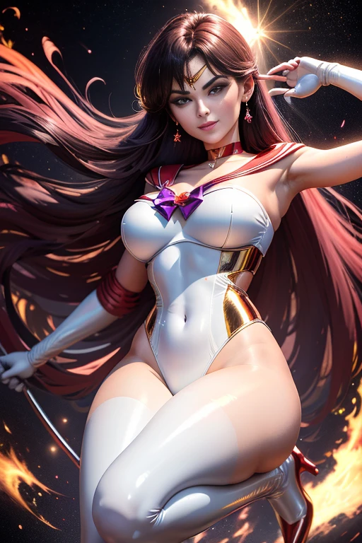 8k, ..3d, Realistic, Ultra Micro Fotografia, pose de modelo sexy, Qualidade Superior, Super detalhe CG Unity 8k wallpaper, de baixo, detalhes intrincados, (1 mulher), 18 anos, vermelho vermelho brilhante Pre-Gate Mini Saia: 1.4,(Sama1, tiara, Uniforme Sailor Senshi, luvas brancas, Vermelho Cor do Marinheiro, saia vermelha, Uniforme Sailor Senshi: 1.2, Marinheiro Marte: 1.2, Meishaonv), cabelos pretos arroxeados incrivelmente longos e lisos: 1.2, lindo cabelo liso longo brilhante: 1.2, Uniforme Sailor Senshi, ((arco roxo muito grande no centro do peito: 1.4, tiara dourada na testa: 1.5, luvas vermelhas nos cotovelos: 1.1, bright crimson red with luxurious golden decorations: Long knee-high enamel boots: 1.3, colarinho vermelho carmesim saturado, Colar de marinheiro vermelho carmesim saturado, long white latex gloves with luxurious gold ornament: 1.3, very large red bow behind the waist: 1.1, gargantilha vermelha, decote parece sexily boldly grande, brincos vermelhos em forma de estrela)), SMMarz
Hair that too long, franja separada,(sorriso sedutor, cara muito bonita, detalhes do rosto: 1.5, olhos roxos brilhantes, beautiful face, Olhos bonitos, olhos brilhantes, thin lips: 1.3, thin, sharp, pale eyebrows, long dark eyelashes, Double eyelashes), joias douradas de luxo, Asas brancas enormes, fino e magro e musculoso, abdominais musculosos, Rosto pequeno, Seios enormes, perfectly proportions, cintura fina, pose de modelo sexy, visible pores, perfect hands: 1.5, (very thin and fit high gloss white holographic leather), Thin high leg swimsuit bold and sexy, postura de luta, octane rendering, very dramatic image, Luz natural forte, sunlight, exquisite lighting and shadows, Dynamic angle, DSLR, foco nítido: 1.0, Maximum clarity and sharpness of the space background, Dynamic flames in the background, humano em chamas: 1.2, bola de fogo, sparks of fire, Dynamic Fire, burning hair, Dynamic Frame, Marz, luar, lua, Dynamic background, fundo do detalhe)