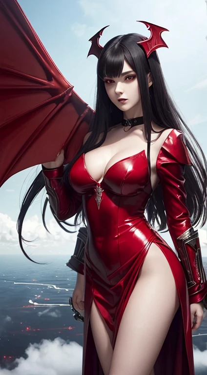 1 vampire Girl. Beautiful vampire girl. super beautiful body. red dress. red high heels. red shine. crown. ((vampire Wings)). sexy. (((standing on the cloud ))). Vampire horns. red eyes. powerful cool. Plump breasts. holding the gun of the law. Holding the sword of the law