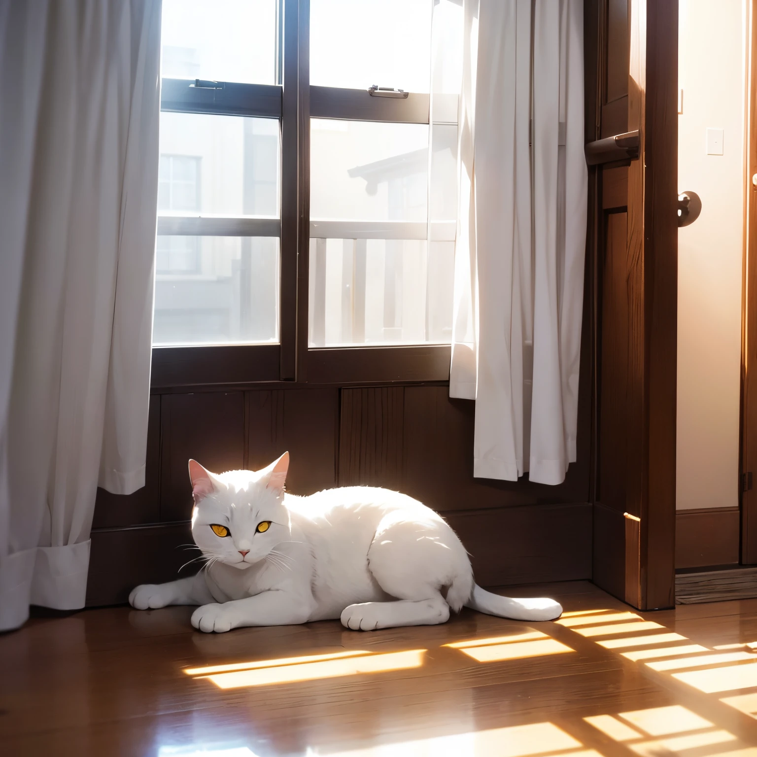 In a Western-style house with white walls、Sunshine、A close-up view of a cat sleeping near the curtains