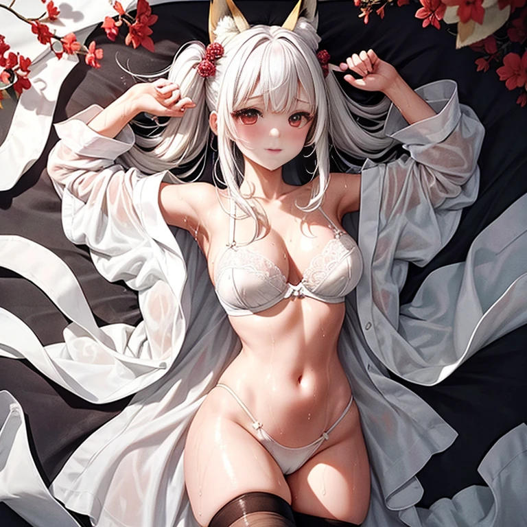 masterpiece、top-quality、1girl in。(bathrobe:1.2), white  hair,Red Eyes,(mare:0.8), (Fantastical:0.7), (A smile:0.8),fox ear,salon,wear bra, wear dress , wet clothes,wet hanging,salon, perfect body, perfect breast,((blush on: 1.2)),((fox-tails:1)), perfect big fox-tails, crop top, white legwear,hair bobbles, tights, recumbent on the bed, hot, top view, girl below, looking up, Wear dress, white suit,((wet:1.3)), neckline, navel, t-shirt, ((bra)), clothes lift