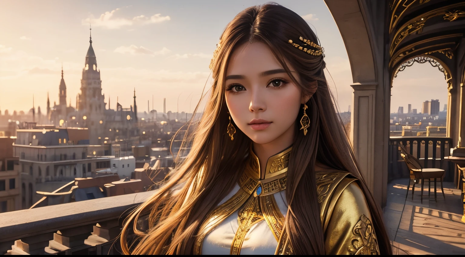very detailed construction, Photorealistic portrait of a beautiful woman with long hair, brown and straight hair,gilded outfit, emphasize her cleverness,Wide sky and beautiful cityscape background,Mythical,Soft lighting,warm and bright lighting. Generate 4K UHD images、Capture intricate details,