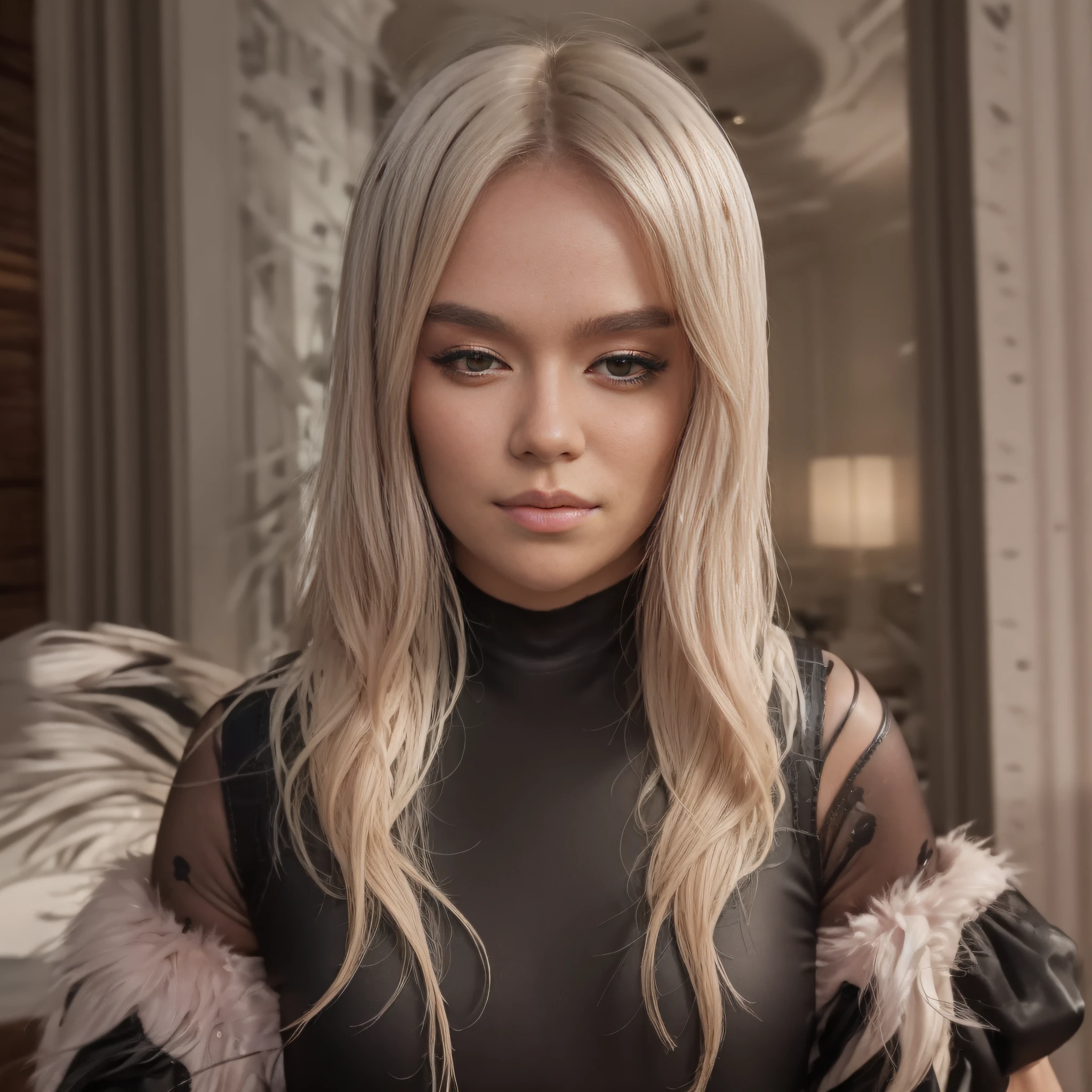 (La mejor calidad: 1.3, Obra maestra: 1.3), Ultra HD, (1girl, solamente), atmosphric perspective, Cara detallada, Parte superior del cuerpo, maquillaje, labios rosados, piel brillante, (cabello color rubio), super long hair, Mirando Frente a la audiencia, ojos azules, Pendientes, enormes senos, cuerpo delgado, Perfect lighting, (frontal lighting),