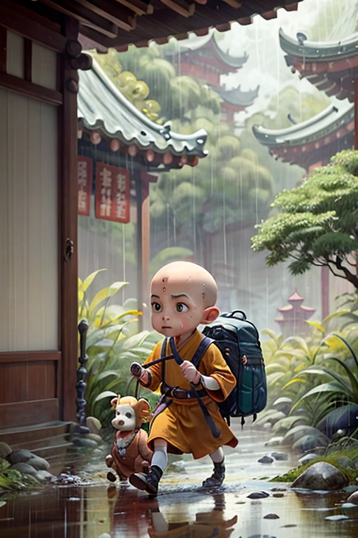 Bald boy, little monk, trekking, rain, bald, chinoiserie,