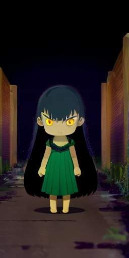 The dark city night is alive with the sound of rain, but Long-haired girl, cute, arms crossed, angry, side view, full body, chibi As they cautiously approach the creaking gate of the cursed estate, their flashlights illuminate the forbidden path ahead. What dangers await them in the long, mysterio