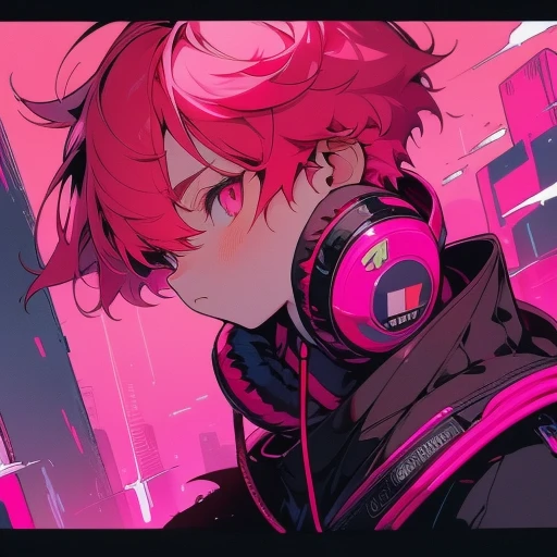 (short-cut), (Two-block hair), (bright pink hair), (male character), (Red colored eyes), (youthfulness), (Cool pose), (of the highest quality), (​masterpiece), (Ultra-detailed), (Oversized hoodies), (headphones), (Street), (neons), (Camera from a down angle), (Modern City), (Neon Daylight), (Cinematic), (Stylish), (hight resolution), (Hyper Detailed), (Looking at the camera), (Anime style), (Softtown),