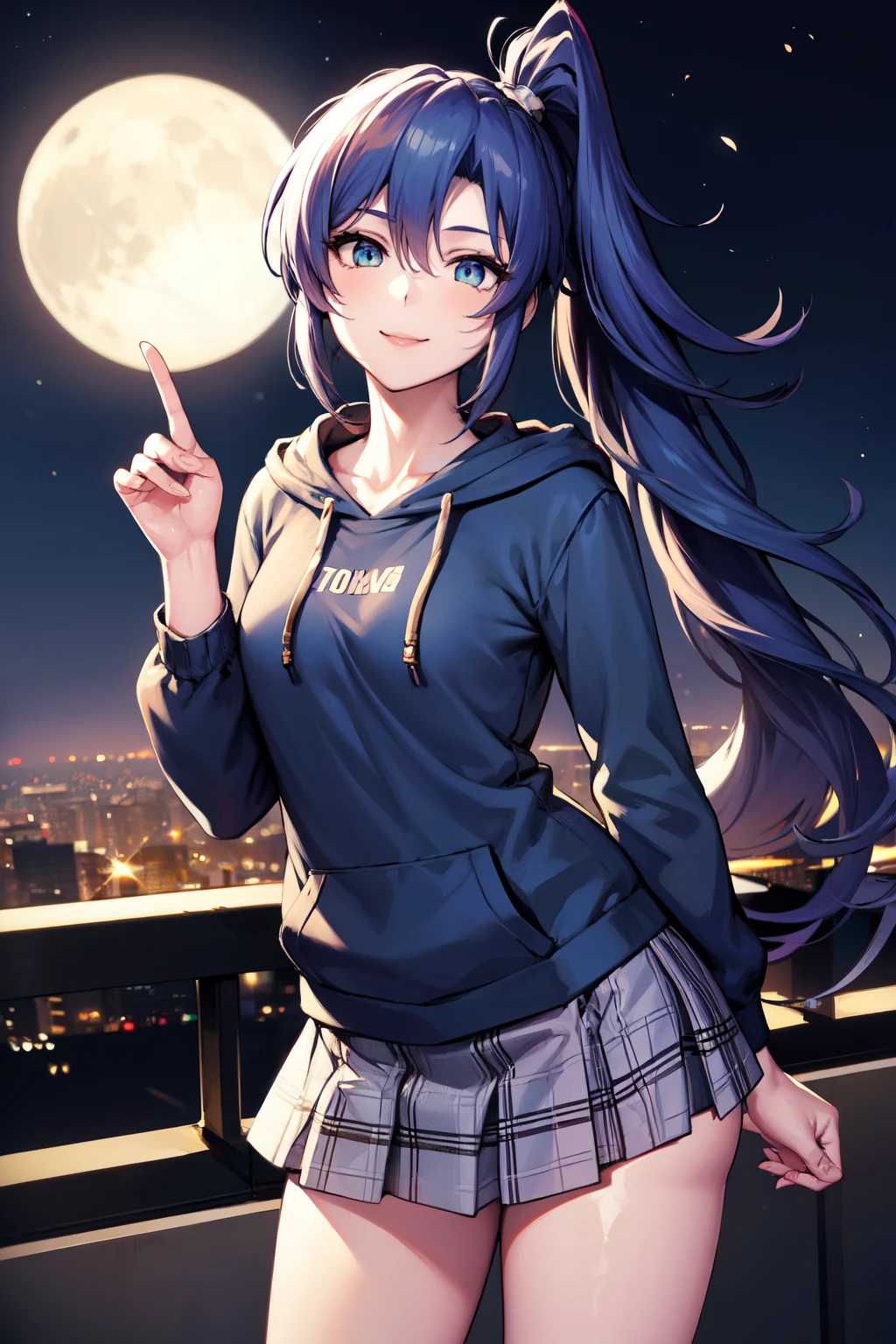 1 girl, Long blue hair left side Ponytail, green eyes with slit pupils, small breasts, master-piece, best quality,  proportional body, proportional,  Wear a short blue hoodie hood, Check plaid skirt, deep in the night, Moon Night, The rooftop of a building overlooking the city, Night sky with the moon shining, photon mapping, Radio City, shinny skin, sexy facial expression, Make eye contact with the camera, (light_Smile:1.5), (Detailed hands and fingers:1.2)