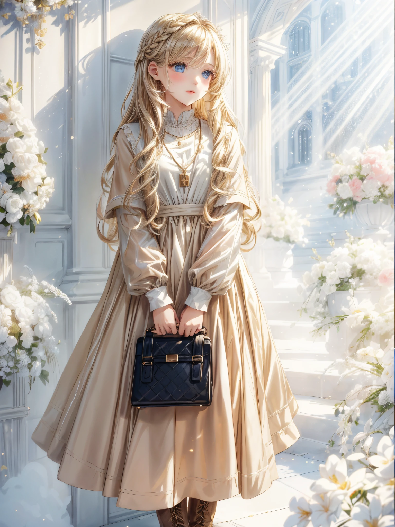 (​masterpiece),(top-quality:1.2),1girl in,(masuter piece:1.3),exquisitedetails, Highest quality 8K resolution, Ultra-detailed, Realistic, Vibrant colors, Soft tones, With warm and gentle lighting,(Smooth straight blonde hair:1.2),(Hair parted in the middle:1.3),(Glowing hair),(Dark blue eyes:1.3),White skin, hair clips,Small necklace,A gentle feeling overflows,The sun's rays illuminate joy and pure love, Warm golden glow,An atmosphere full of happiness and laughter, As if celebrating love,Ultra-detailed depiction and vivid colors,A style that combines romanticism and realism,depth of love,color palettes,Create an ethereal atmosphere like a dream,Soft and diffuse lighting,masterpiece artwork,  Woman standing against a wall wearing a beige dress and black boots, Beige, eora, ivory, soft silk dress, with cape, beige colors, ( ivory black ), asa, pastel, sandy beige, Olivia,  Dress, elegent, taupe, multilayered outfit