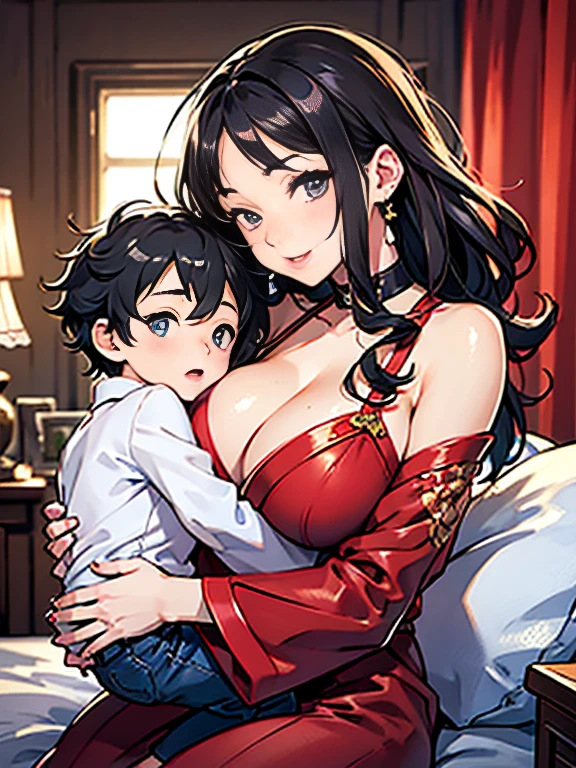 Sexy tall mom with young boy having  sex (Best Quality, 8k, 32k, Masterpiece, UHD:1.hoto of Attractive Japanese Woman with small   son ), 1 Girl with 1boy, (super huge Boobs squeezing  small son :1.2), (short wavy hair), Abs, Perfect Body, Ultra Detailed Face, Detailed Lips, Fine Eyes, double eyelids, pajamas, on the bed, (seductive), ((aroused:1.5)), ((areolae slip)), mom  seducing and touching young son