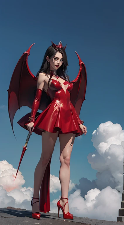 1 vampire Girl. Beautiful vampire girl. super beautiful body. red dress. red high heels. red shine. crown. ((vampire Wings)). sexy. (((standing on the cloud ))). Vampire horns. red eyes. powerful cool. Plump breasts. holding a trident