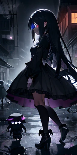 The dark city night is alive with the sound of rain, but Long-haired girl, cute, arms crossed, angry, side view, full body, chibi As they cautiously approach the creaking gate of the cursed estate, their flashlights illuminate the forbidden path ahead. What dangers await them in the long, mysterio