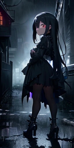 The dark city night is alive with the sound of rain, but Long-haired girl, cute, arms crossed, angry, side view, full body, chibi As they cautiously approach the creaking gate of the cursed estate, their flashlights illuminate the forbidden path ahead. What dangers await them in the long, mysterio