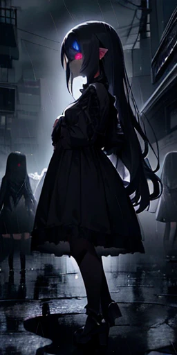 The dark city night is alive with the sound of rain, but Long-haired girl, cute, arms crossed, angry, side view, full body, chibi As they cautiously approach the creaking gate of the cursed estate, their flashlights illuminate the forbidden path ahead. What dangers await them in the long, mysterio