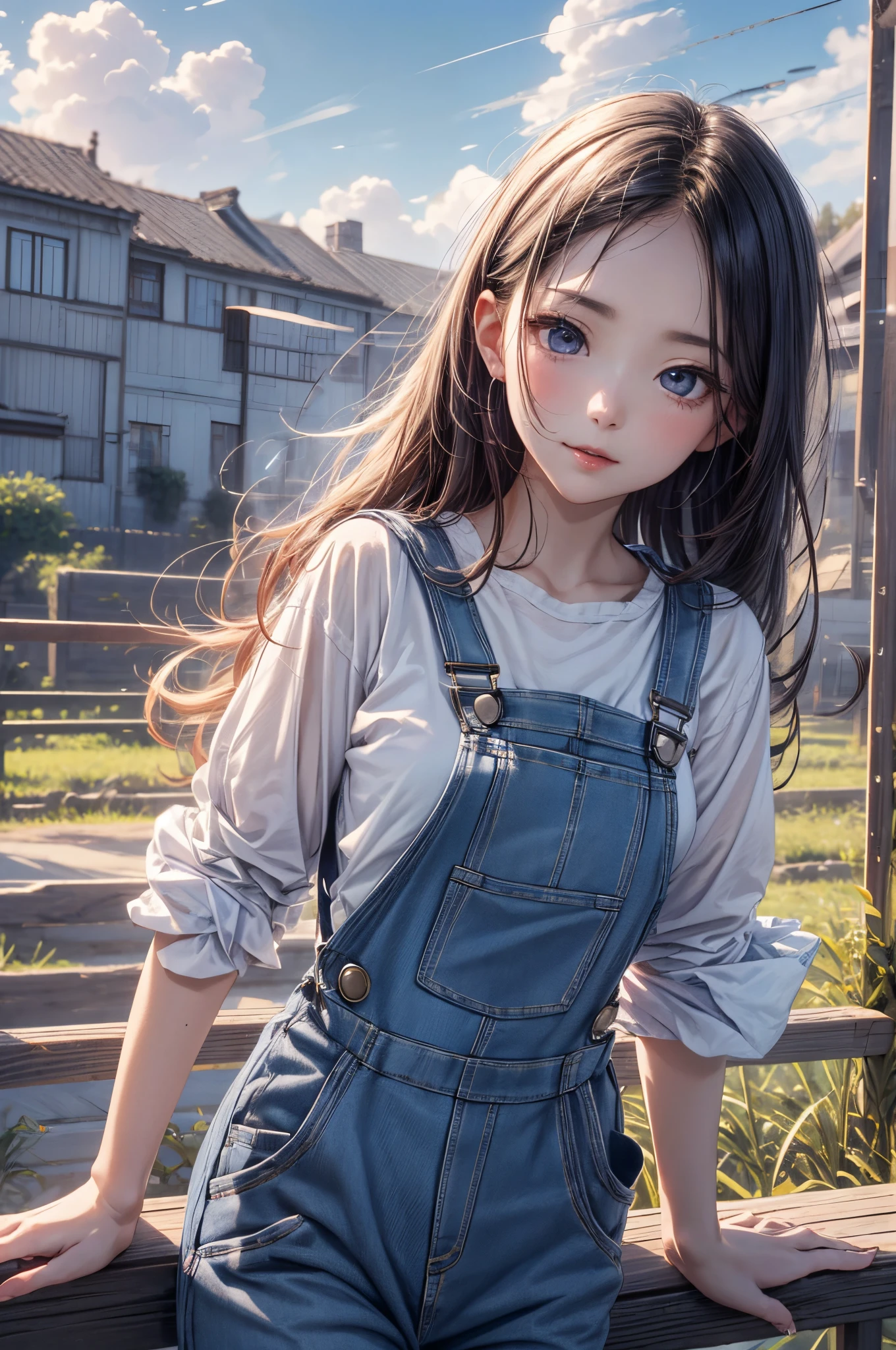 absurderes, ultra-detailliert,bright colour,(in 8K:1.3),masuter piece,extremely beautiful detailed face and eyes,Farmland、Lilac skin、Summer morning、Guibli、Valley、blue-sky、(Naked Dungaree:1.2),