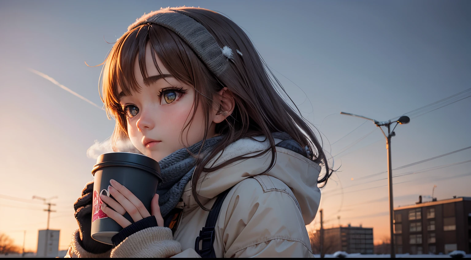Anime girl, winter Berlin, snow, and a cup of coffee windblown leaves against a gradient sky of calming colors.