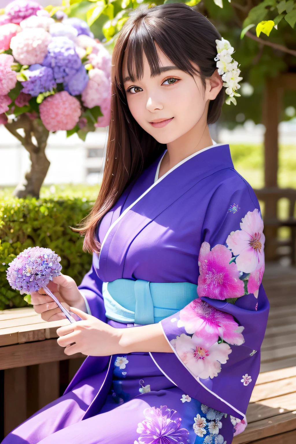 ((masterpiece, top quality, super definition, high definition)), solo, beautiful girl, shining eyes, perfect eyes, , purple theme, yukata, fireworks, hydrangea, summer festival