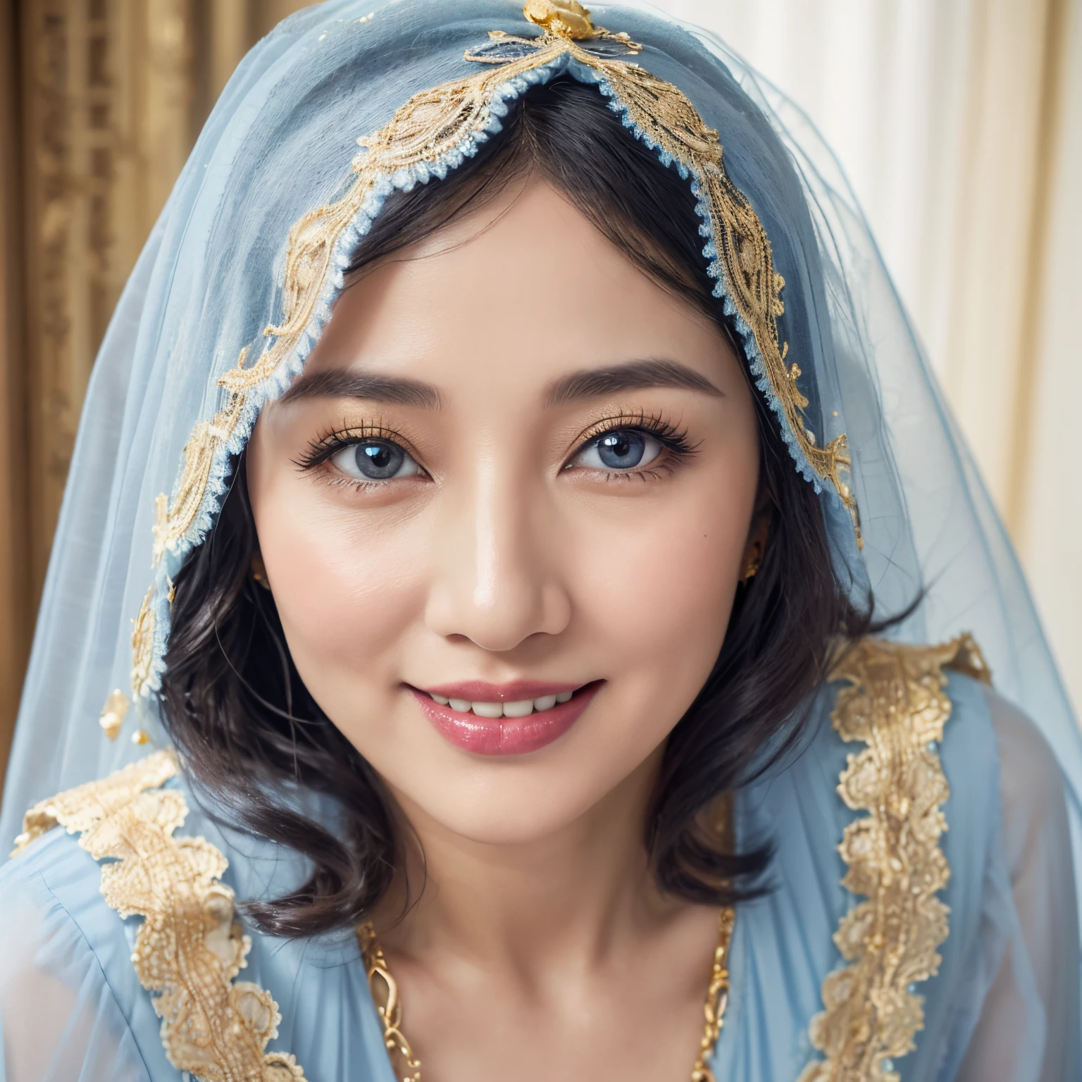 woman((50year old)), Hijab((light blue, wavy)), eyelue, small eyes)), ((long dress, long slevees, lace trim)), accessories ((gold ornament, veil)), gigantic breast, big boobs, classic house, korean make-up look, smiling expression, , red lips,