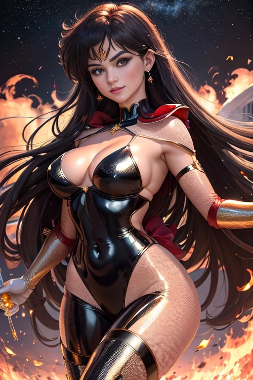 8k, ..3d, Realistic, Ultra Micro Fotografia, pose de modelo ????, Qualidade Superior, Super detalhe CG Unity 8k wallpaper, de baixo, detalhes intrincados, (1 mulher), 18 anos, vermelho vermelho brilhante Pre-Gate Mini Saia: 1.4,(Sama1, tiara, Uniforme Sailor Senshi, luvas brancas, Vermelho Cor do Marinheiro, saia vermelha, Uniforme Sailor Senshi: 1.2, Marinheiro Marte: 1.2, Meishaonv), cabelos pretos arroxeados incrivelmente longos e lisos: 1.2, lindo cabelo liso longo brilhante: 1.2, Uniforme Sailor Senshi, ((arco roxo muito grande no centro do peito: 1.4, tiara dourada na testa: 1.5, luvas vermelhas nos cotovelos: 1.1, bright crimson red with luxurious golden decorations: Long knee-high enamel boots: 1.3, colarinho vermelho carmesim saturado, Colar de marinheiro vermelho carmesim saturado, long white latex gloves with luxurious gold ornament: 1.3, very large red bow behind the waist: 1.1, gargantilha vermelha, decote parece sexily boldly grande, brincos vermelhos em forma de estrela)), SMMarz
Hair that  too long, franja separada,(sorriso sedutor, cara muito bonita, detalhes do rosto: 1.5, olhos roxos brilhantes, beautiful face, Olhos bonitos, olhos brilhantes, thin lips: 1.3, thin, sharp, pale eyebrows, long dark eyelashes, Double eyelashes), joias douradas de luxo, Asas brancas enormes, fino e magro e musculoso, abdominais musculosos, Rosto pequeno, ????? enormes, perfectly proportions, cintura fina, pose de modelo ????, visible pores, perfect hands: 1.5, (very thin and fit high gloss white holographic leather), Thin high leg swimsuit bold and ????, postura de luta, octane rendering, very dramatic image, Luz natural forte, sunlight, exquisite lighting and shadows, Dynamic angle, DSLR, foco nítido: 1.0, Maximum clarity and sharpness of the space background, Dynamic flames in the background, humano em chamas: 1.2, bola de fogo, sparks of fire, Dynamic Fire, burning hair, Dynamic Frame, Marz, luar, lua, Dynamic background, fundo do detalhe)
