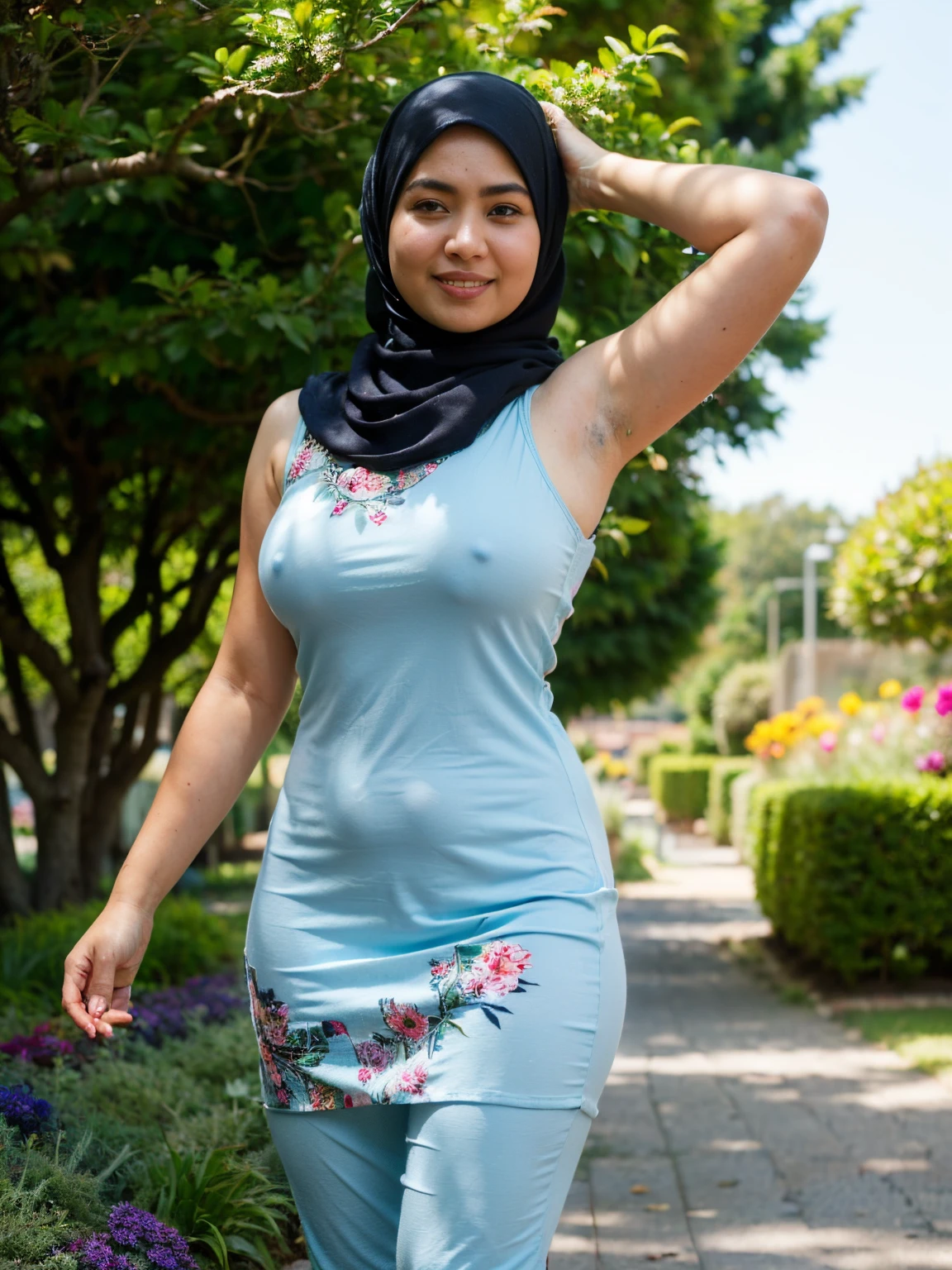 RAW, Best quality, high resolution, Masterpiece: 1.3, ((Beautiful Malay woman in hijab)), Masterpiece, Perfect chubby but fit body, ((Big breast, beautiful big eyes, watery eyes, Soft smile, wet lips, bad face, (wearing sleeveless long dress baju kurung with large floral motifs), (long legging), ((showing armpits)), hands behind the head, smiling, windy, skin details, skin texture details, thick thighorning time, happy, bright sunlight, flower garden path, blurred background, bokeh