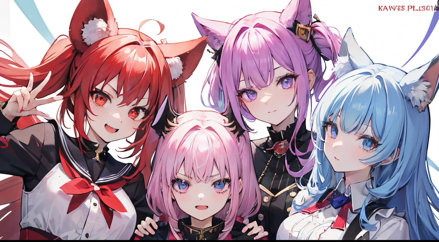 A drawing of anime characters taking a group photo, fierce look::2, Devil's Eye, From Hololive English Girls , girl hololive english style, hololive english characters , hololive english, girl hololive english universe, commission for, Fine details. kawacy, Anime Girls, pixiv,absurderes, hight resolution, ultrasharp, 8K, The last piece