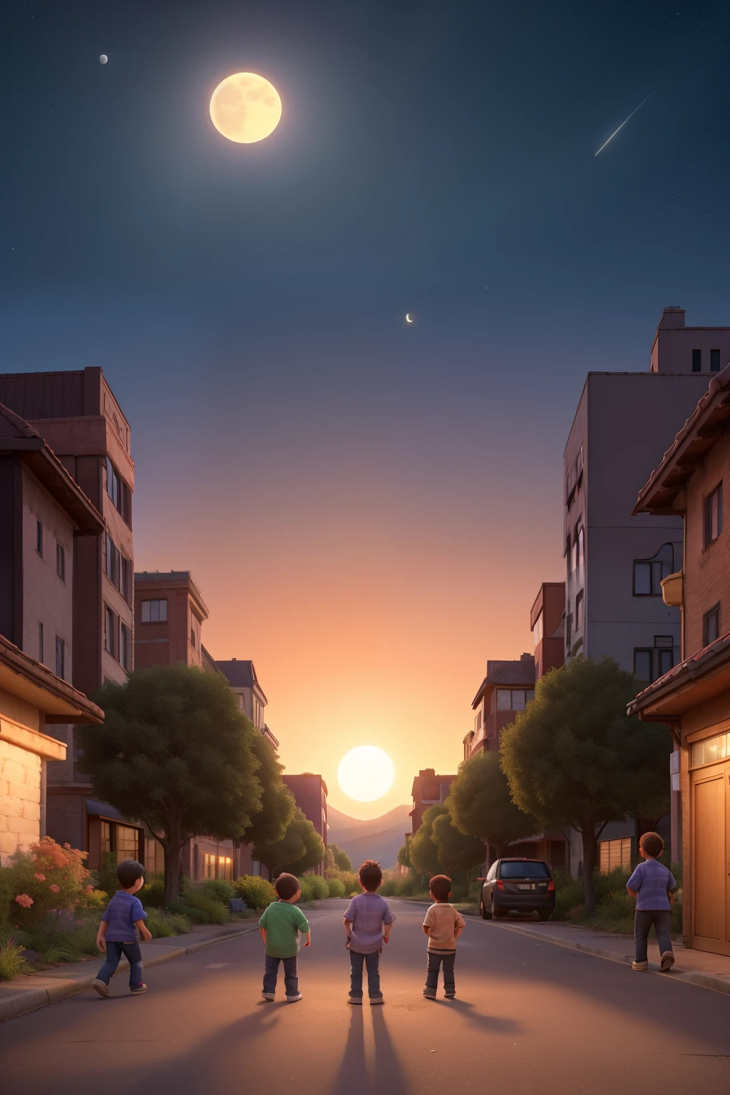 Children play in the city streets with the sunset light reflecting their shadows on the walls. The camera moves slowly upward, showing the hills and the dark outline of the forest beyond. The stars begin to appear as the full moon rises above the horizon.