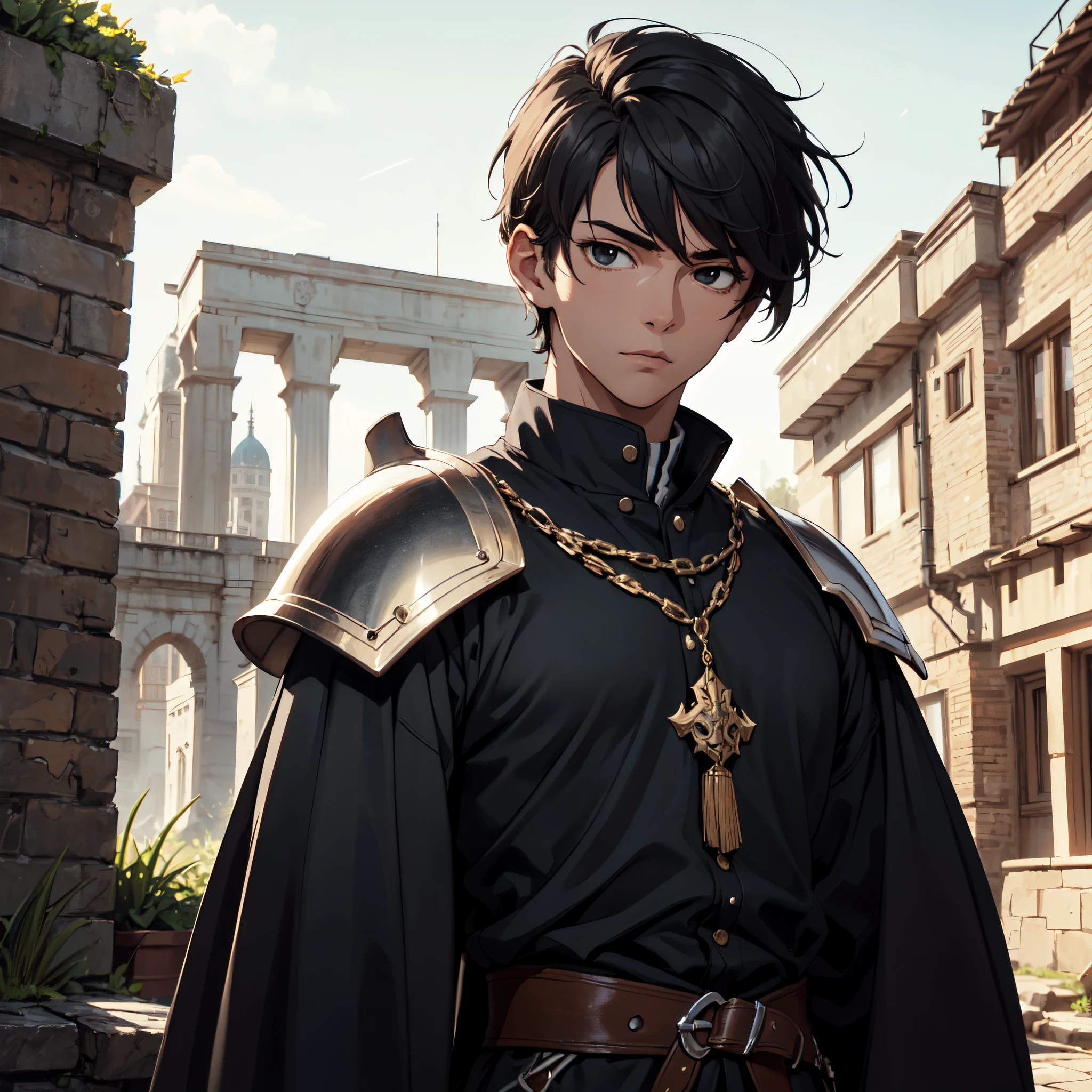 Ultra High Definition,
ultra-definition,
hyperdefined,
hyper quality,
Hyper Detail,
Extremely detailed,
perfect details,
Masterpiece,
8K,
1 boy,
アニメ,
short dark hair,
Undercut hairstyle,
hard black eyes,
Handsome,
Hunter armed with medieval uniform and armor,
body shot,
((Background with:concise, solid colors))
