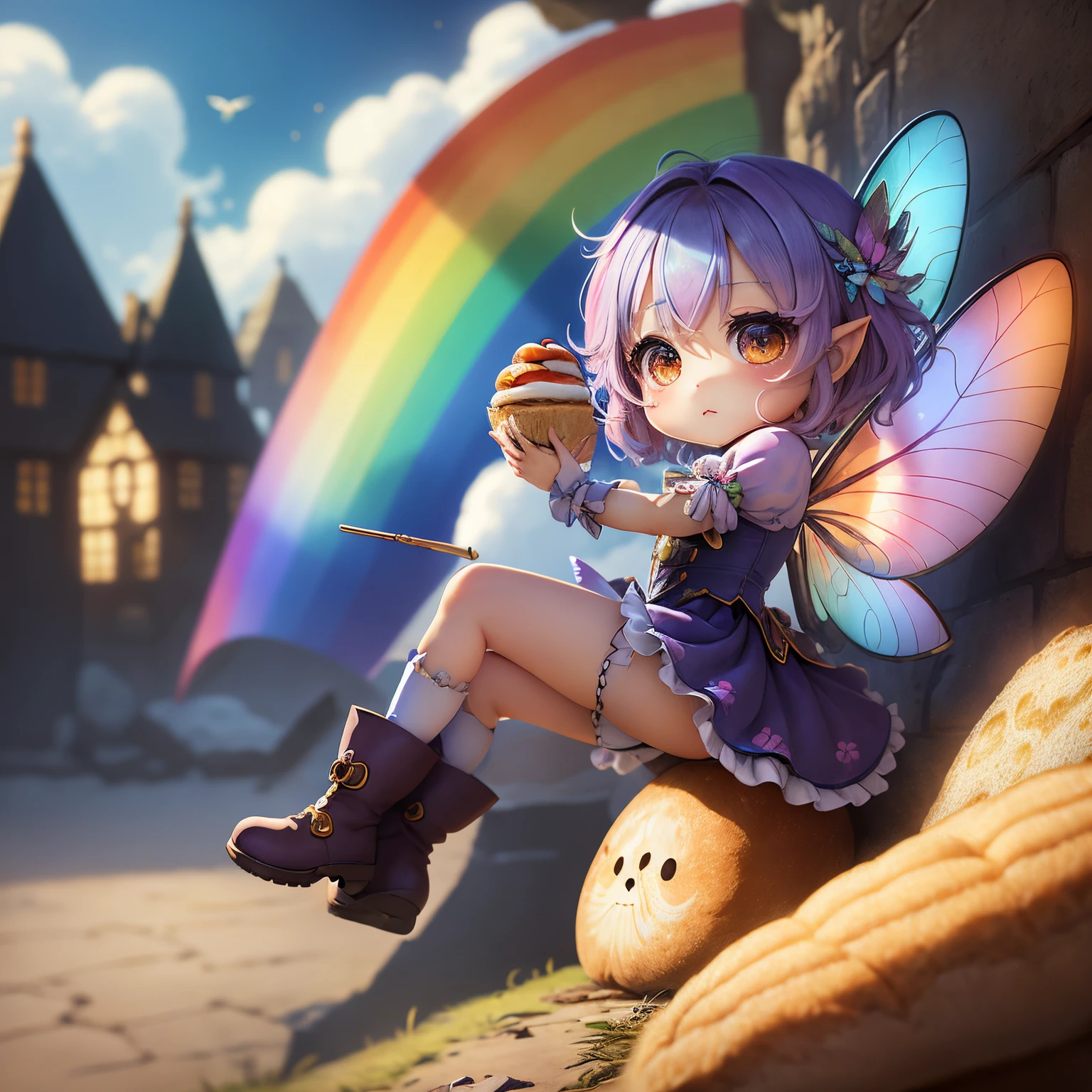 masterpiece、top-quality、ultra-detailliert、(Chibi Chara Fairy:1.3)、rainbow colored feathers、Peeking through plain bread、cute eye、Wearing long boots、