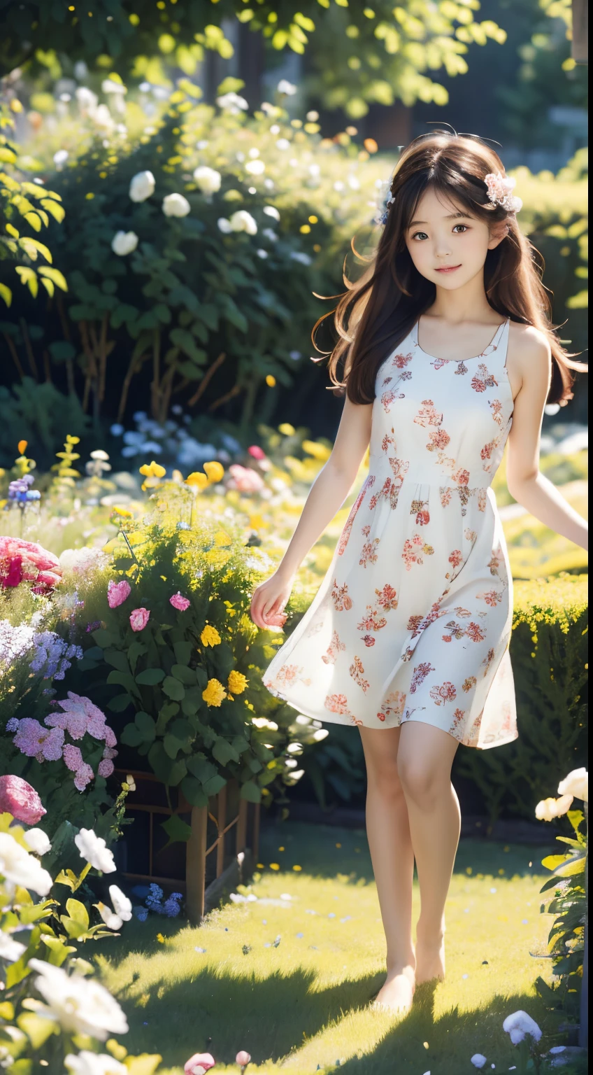 In the garden full of flowers, Under the sunlight,  girl in floral dress  dancing
