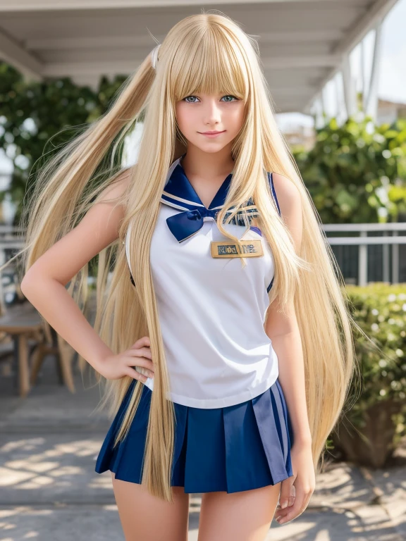 Beautiful 15 year old shy blonde girl in sailor uniform with mini skirt, beautiful green eyes, big tits, long blonde hair, at school, long thick bangs, ultra detailed hair, messy hair, the most beautiful face in the world, hair golden, flirting, looking at viewer, very cute, sexy, schoolgirl, French, bare shoulders, closed mouth.