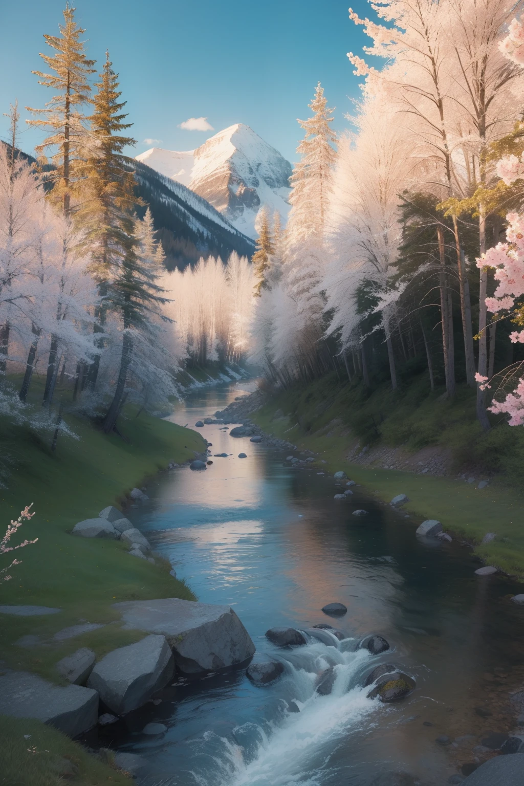 masterpiece, top quality, best quality, handdrawn, canadian rockie mountains, spring time, trees, river flowing