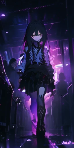 The dark city night is alive with the sound of rain, but Long-haired girl, cute, arms crossed, angry, side view, full body, chibi As they cautiously approach the creaking gate of the cursed estate, their flashlights illuminate the forbidden path ahead. What dangers await them in the long, mysterio