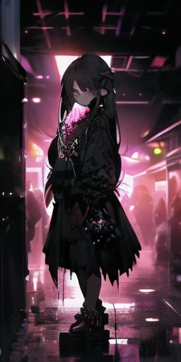 The dark city night is alive with the sound of rain, but Long-haired girl, cute, arms crossed, angry, side view, full body, chibi As they cautiously approach the creaking gate of the cursed estate, their flashlights illuminate the forbidden path ahead. What dangers await them in the long, mysterio