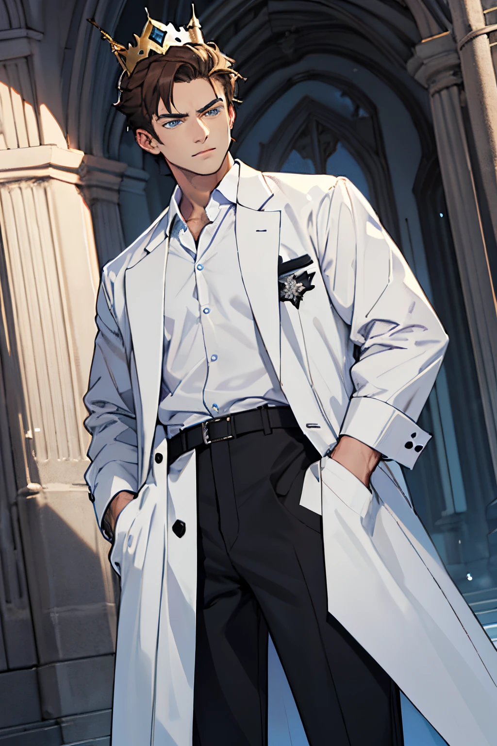 A man standing with hands in his pocket, brown hair styled in a neat wolf cut, bright blue eyes, crown on his head, white dress shirt, black pants, fancy black coat, looking away from viewer, serious expression