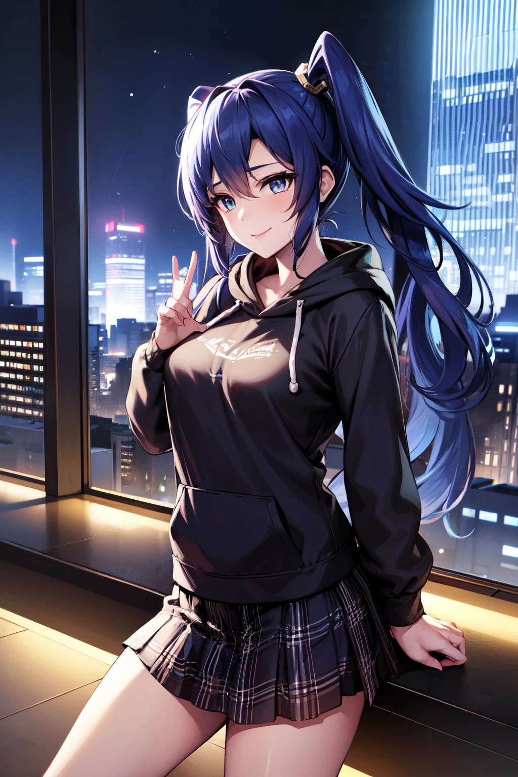 1 girl, Long blue hair pigtails, green eyes with slit pupils, small breasts, master-piece, best quality,  proportional body, proportional,  Wear a short blue hoodie hood, Check plaid skirt, deep in the night, Moon Night, The rooftop of a building overlooking the city, Night sky with the moon shining, photon mapping, Radio City, shinny skin, sexy facial expression, Make eye contact with the camera, (light_Smile:1.5), (Detailed hands and fingers:1.2)