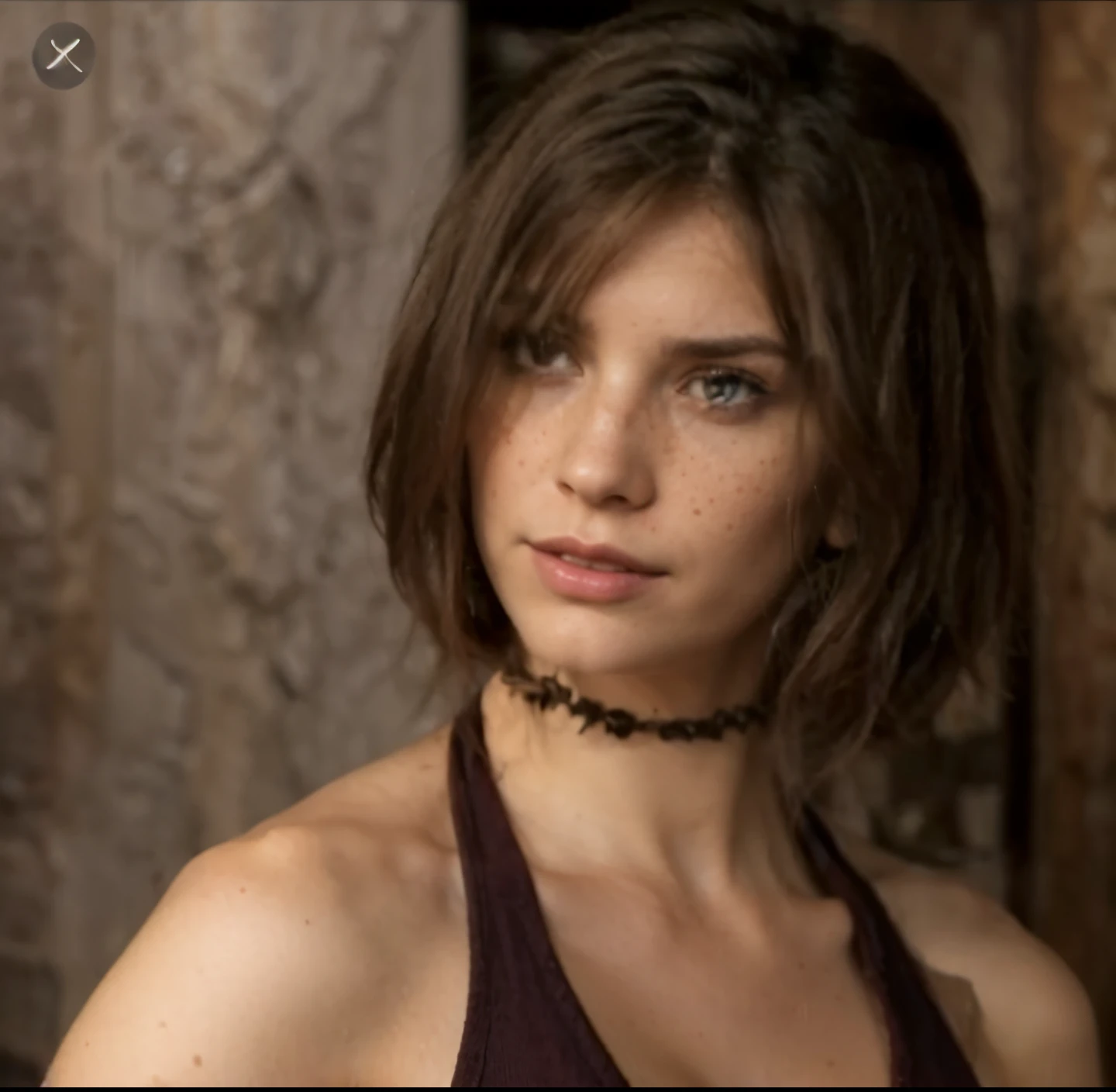 Woman, freckles, sad, looking into camera