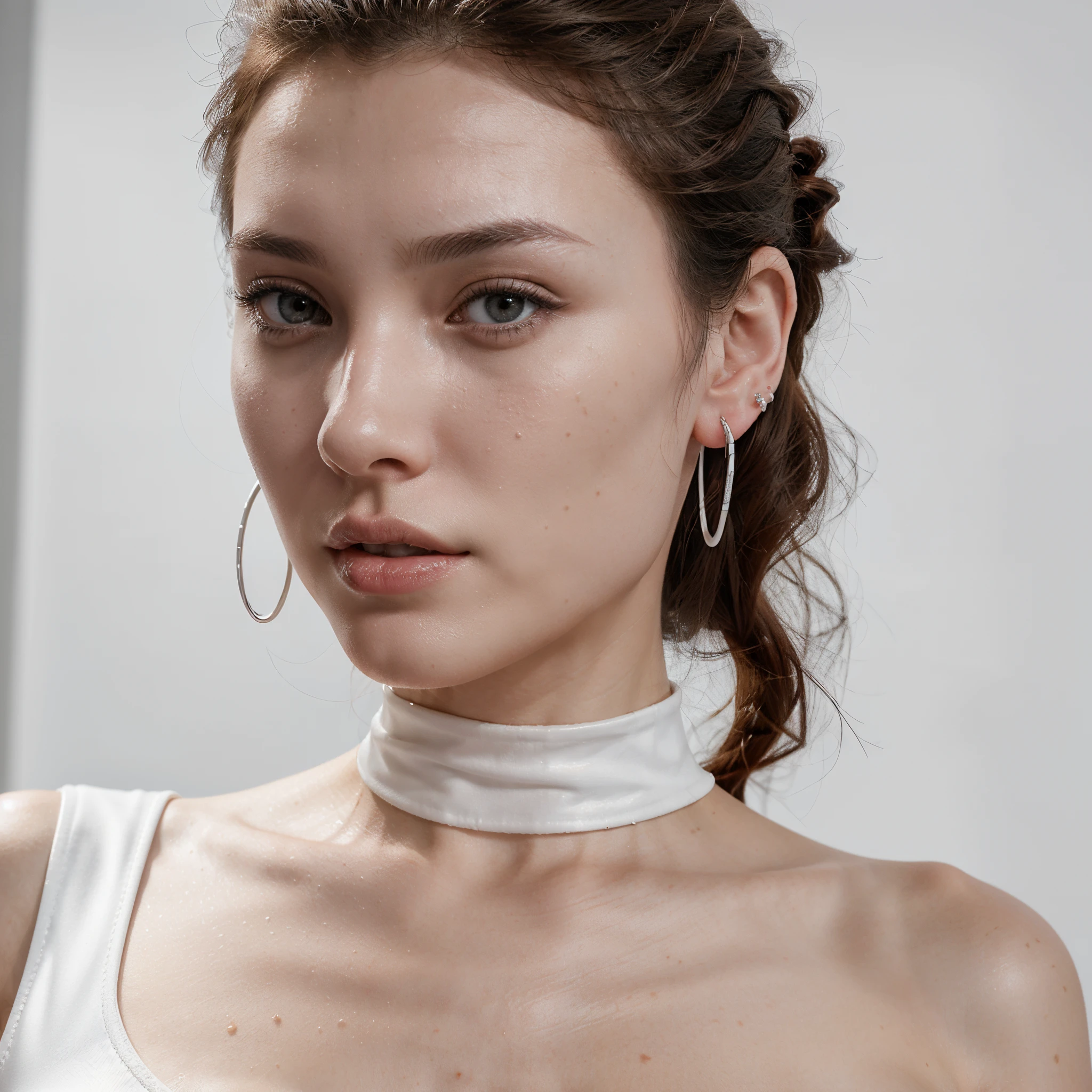 full-length shot of a 20-year-old Irishwoman, in black metallic dress, turning sideways, ginger matted hair tied back, wearing pearl necklace, nose stud jewelry, wearing hoop earrings, ultra sharp focus (high detailed skin:1.2), 8k uhd, dslr, high quality, film grain, Fujifilm XT38k, {{1girl}}