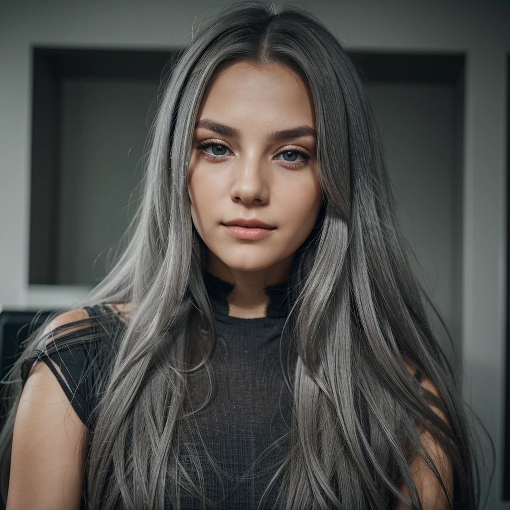 woman with long gray hair , , so photo of a beautiful woman, high quality portrait, beautiful girl model, single person only, in frond of gameing pc