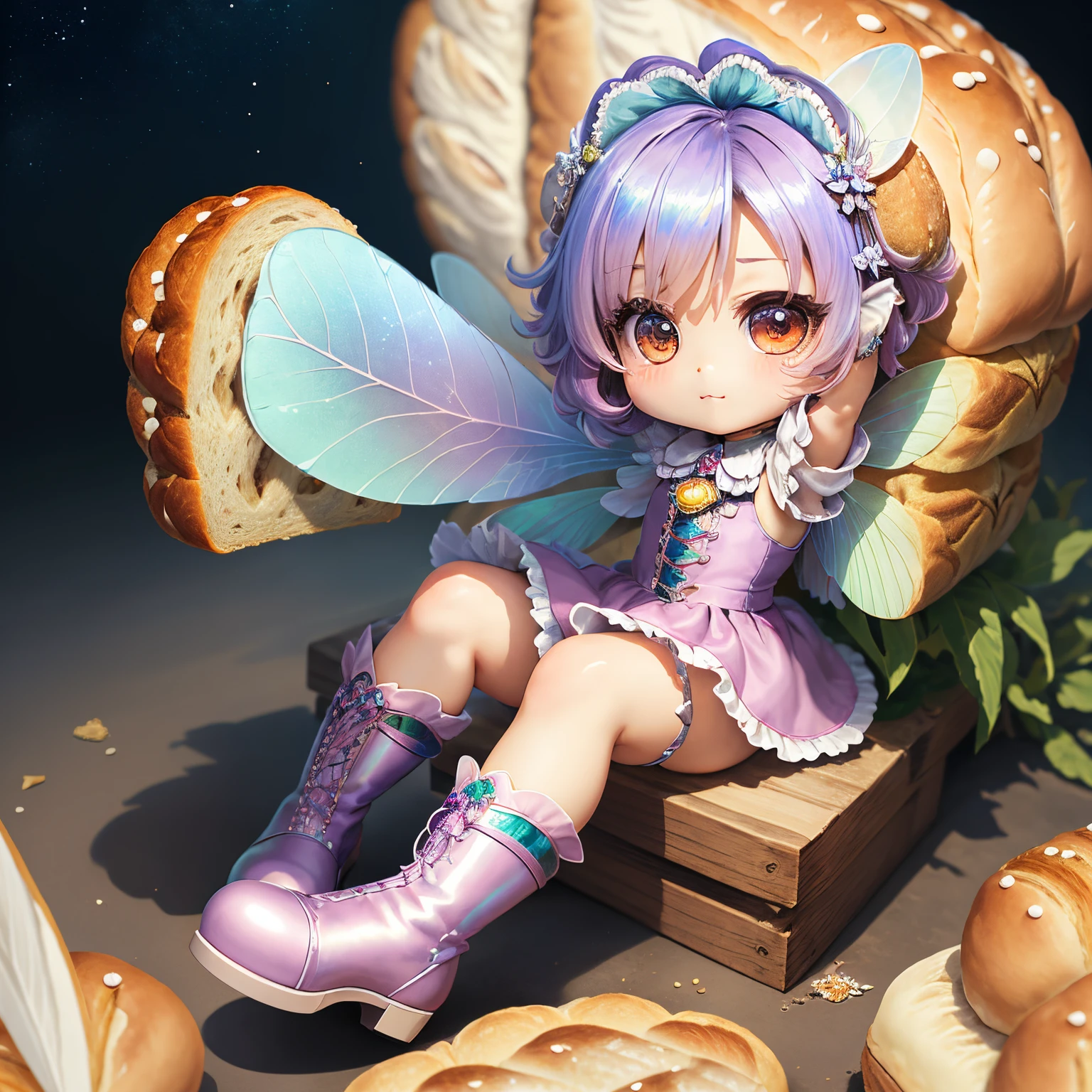 masterpiece、top-quality、ultra-detailliert、(Chibi Chara Fairy:1.3)、Iridescent feathers、(ordinary bread:1.3)、cute eye、Wearing long boots、