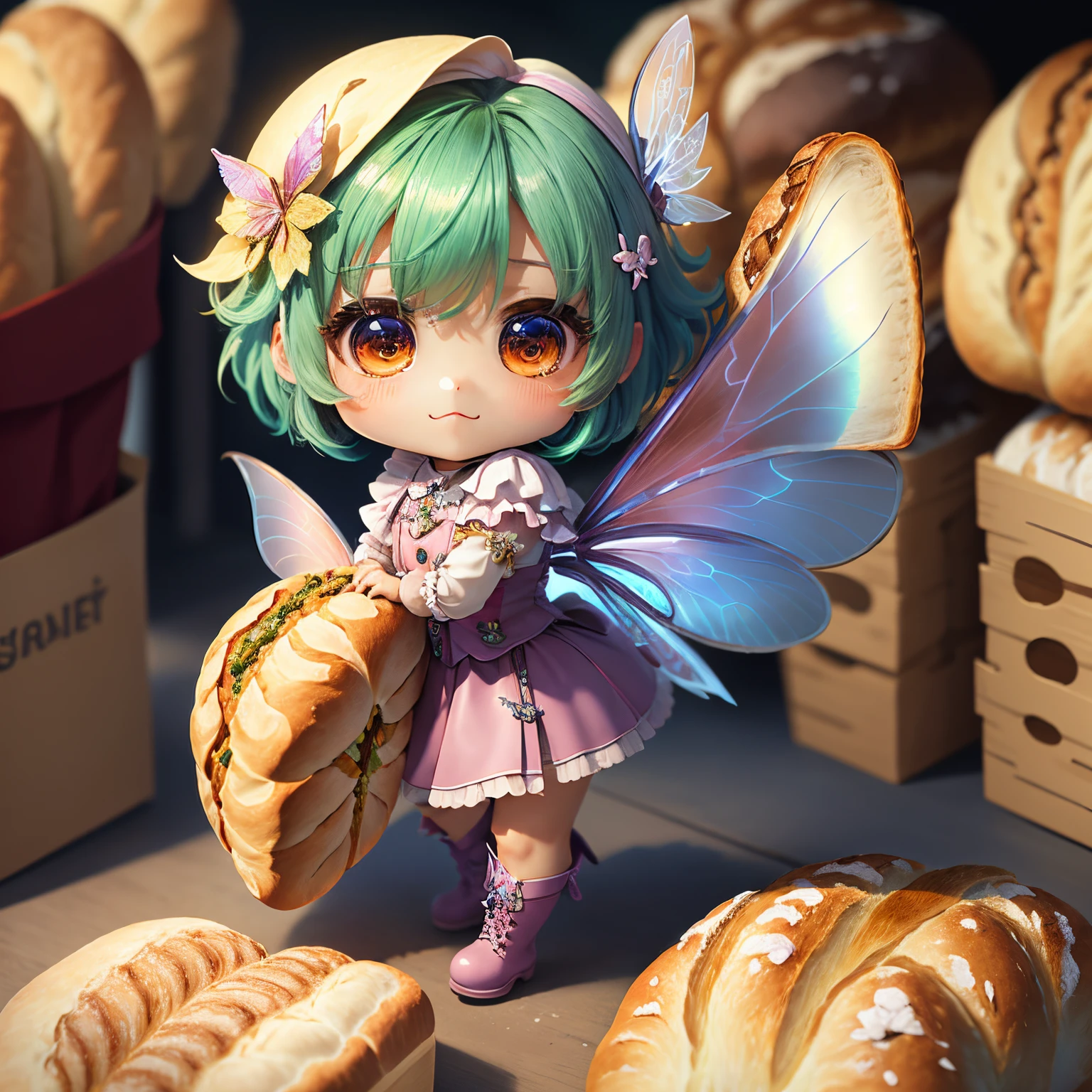 masterpiece、top-quality、ultra-detailliert、(Chibi Chara Fairy:1.3)、Iridescent feathers、(ordinary bread:1.3)、cute eye、Wearing long boots、