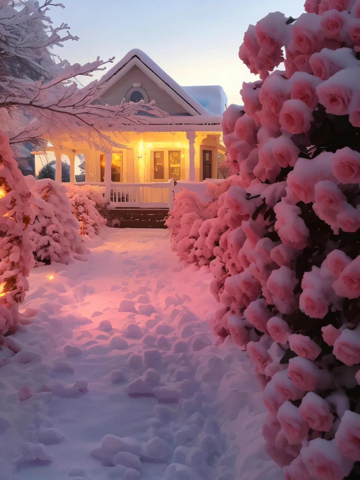 Snowy path leading to house with pink roses in front yard, Beautiful and beautiful, cottagecore!!, winter setting, Beautiful aesthetic, beautiful light up, Beautiful setting, The beautiful!!!!!!!!!!!!, The beautiful!, beatiful house, Marshmallow bushes, glowing snow, blanketed in a mantle of snow, snow glow, Very, very beautiful, very beautiful photograph of, Snowy winter, beautiful scence