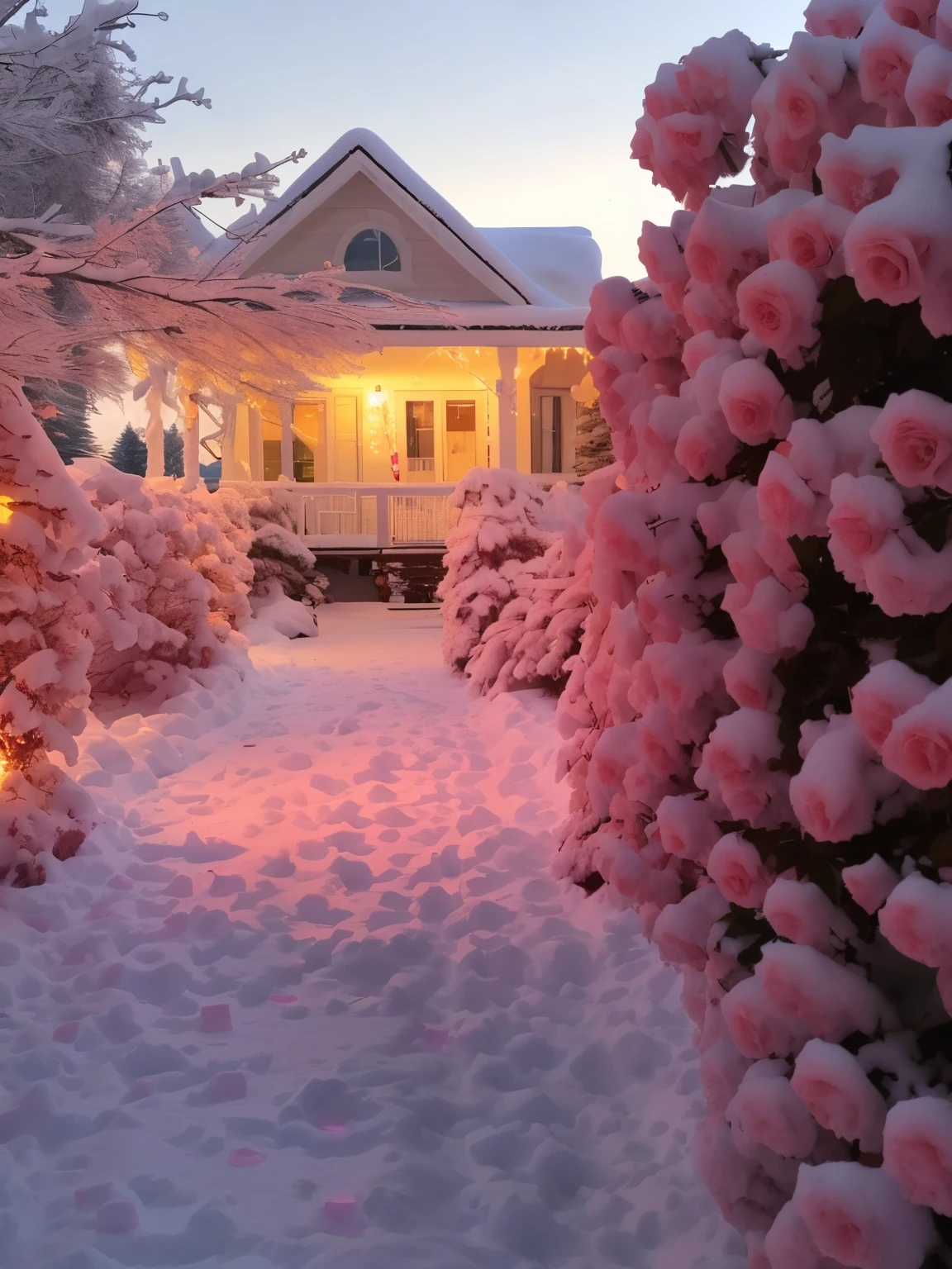 Snowy path leading to house with pink roses in front yard, Beautiful and beautiful, cottagecore!!, winter setting, Beautiful aesthetic, beautiful light up, Beautiful setting, The beautiful!!!!!!!!!!!!, The beautiful!, beatiful house, Marshmallow bushes, glowing snow, blanketed in a mantle of snow, snow glow, Very, very beautiful, very beautiful photograph of, Snowy winter, beautiful scence