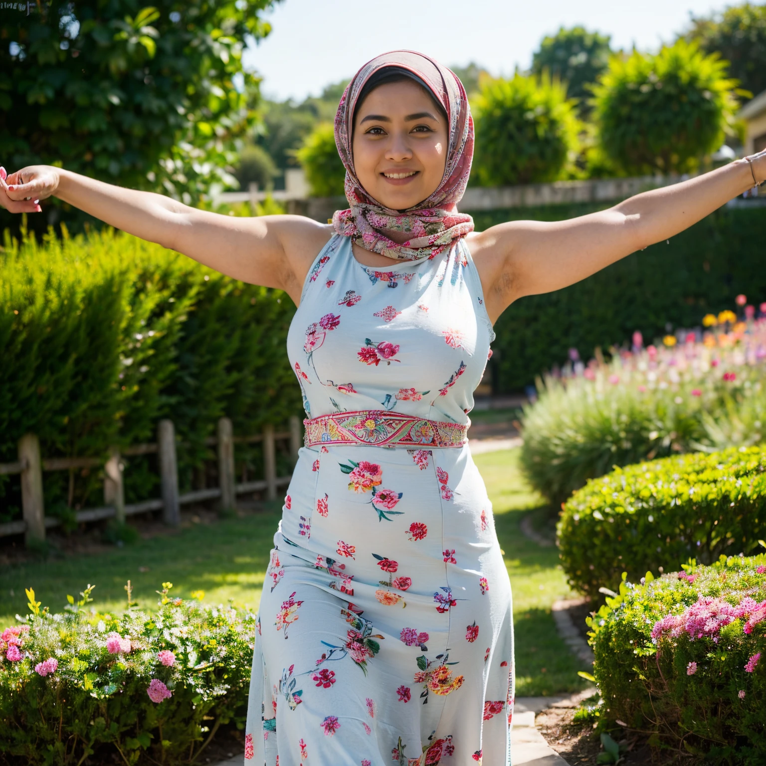 RAW, Best quality, high resolution, Masterpiece: 1.3, ((Beautiful Malay woman in hijab)), Masterpiece, Perfect chubby but fit body, ((Big breast, beautiful big eyes, watery eyes, Soft smile, wet lips, bad face, (wearing sleeveless long dress baju kurung with large floral motifs), (long legging), ((showing armpits)), hands behind the head, smiling, windy, skin details, skin texture details, thick thighorning time, happy, bright sunlight, flower garden path, blurred background, bokeh