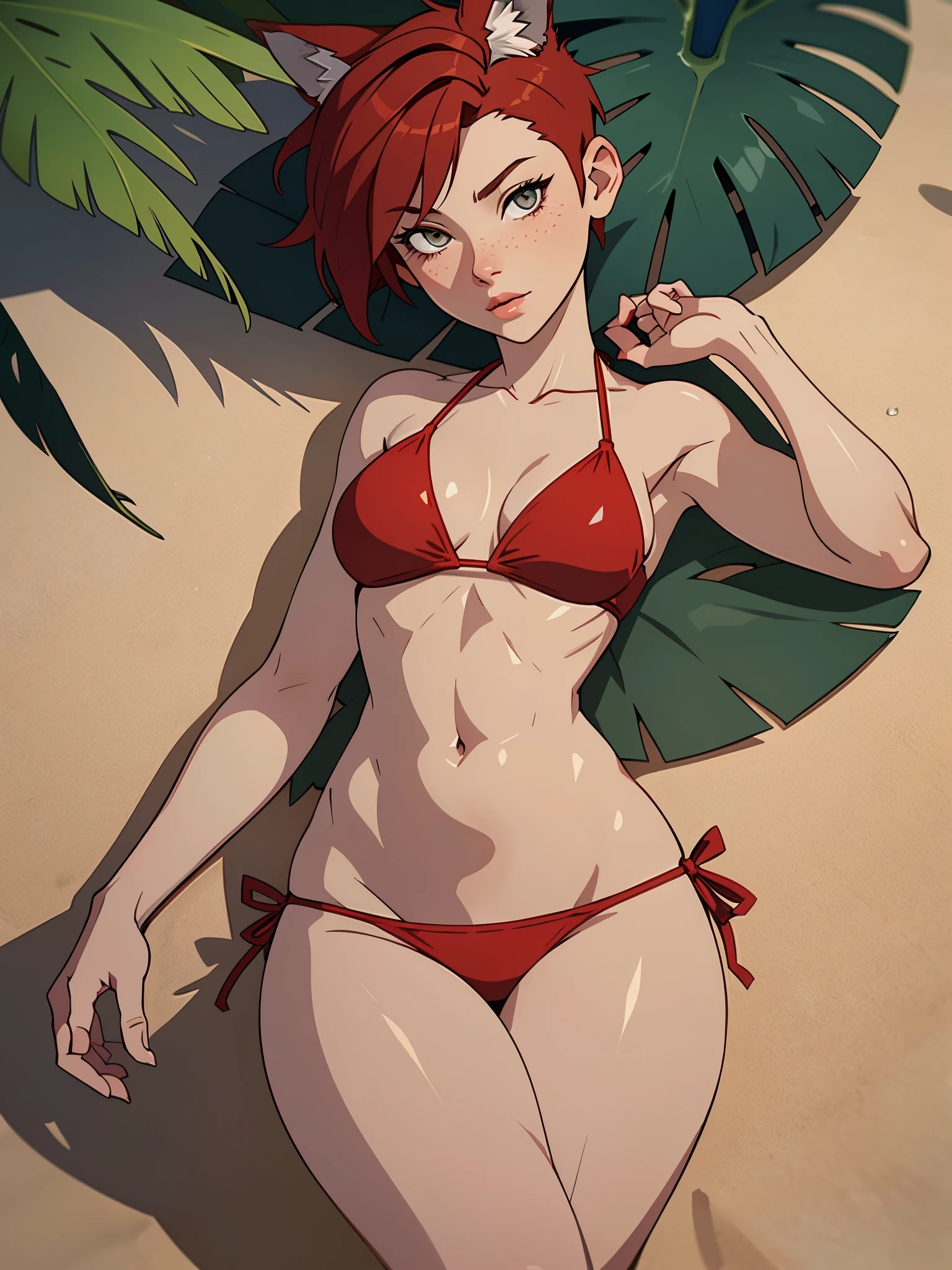 1girl, full body, ager, solo, (short pixie cut Hair, undercut red hair: 1.28), ((light gray eyes)), some small freckles, (dark fox ears: 1.35), pale skin, large breasts, cleavage, (thin hips, thin waist , athletic body: 1.25), background, looking away, (wearing only a bikini: 1.5), lying down in the sand, at a beach, masterpiece, best quality,3d rending work ,3DMM style, close-up, portrait, 3D,