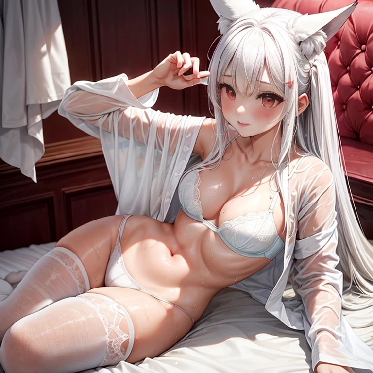 masterpiece、top-quality、1girl in。(bathrobe:1.2), white  hair,Red Eyes,(mare:0.8), (Fantastical:0.7), (A smile:0.8),fox ear,salon,wear bra, wear dress , wet clothes,wet hanging,salon, perfect body, perfect breast,((blush on: 1.2)),((fox-tails:1)), perfect big fox-tails, crop top, white legwear,hair bobbles, tights, recumbent on the bed, hot, top view, girl below, looking up, Wear dress, white suit,((wet:1.3)), neckline, navel, t-shirt, ((bra)), clothes lift