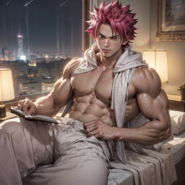 1boy age 25 (muscular,wide shoulders, slim waist) body muscular shoulders, Natsu Dragneel sitting in blanket reading a book on bed, muscular body and shoulders. wearing pyjamas, bedroom scene, lamp light, night time, window shows cityscape, (masterpiece, cg, 3d cg, detailed, blanket:1.2) (handsome face:1.1) ((Natsu Dragneel))